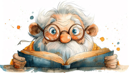Obraz premium A cute gray-haired grandfather with glasses with an open book, an elderly man reading, drawing with watercolor paints