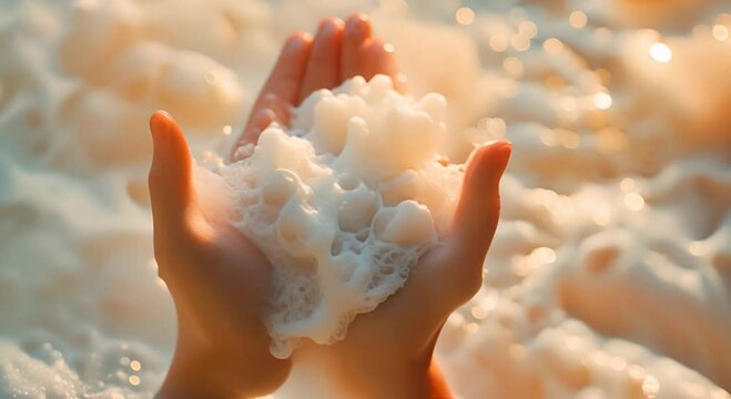 woman's hands with soap  light colors, long exposure, and gamma effect create a dreamy, soft focus on the optic
