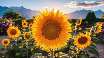 Fototapeta premium Vibrant Sunflowers with Mountain Backdrop