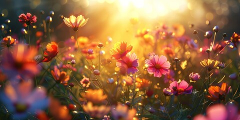 Sunlit field of wildflowers with a warm, soft glow