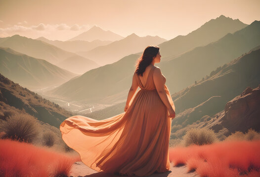 Zjawiskowa i zmysłowa modelka plus size w złotej sukni na tle g&oacute;rskiego pejzażu. Ciepła kolorystyka z nutą nostalgii