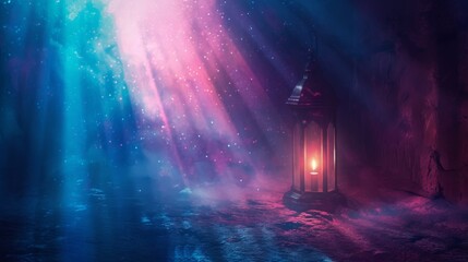 A glowing lantern sits in a mystical cave under a colorful starry sky, creating a magical and serene atmosphere.