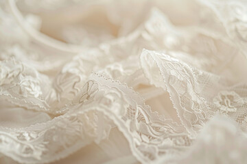 Thin, delicate lace ribbon, intricate patterns, soft focus on white vintage charm and grace 