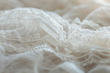 Thin, delicate lace ribbon, intricate patterns, soft focus on white vintage charm and grace 