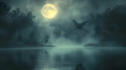 A bat flying across a full moon on Halloween night, surrounded by fog and eerie lighting.