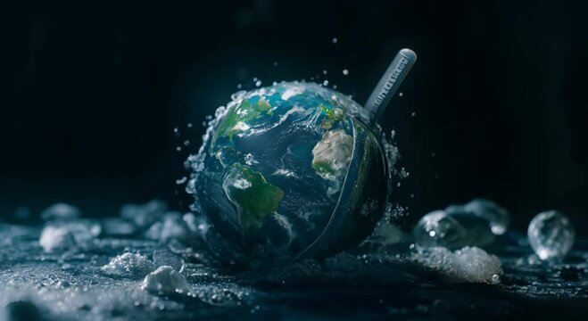 Symbolizing global warming and environmental issues Earth broken in half by a thermometer 