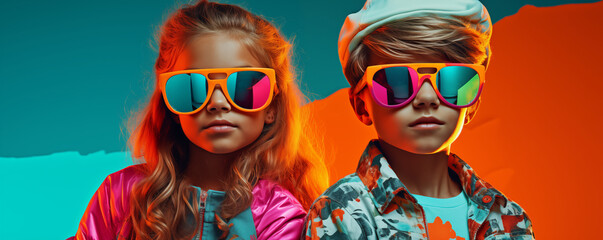 Cool kids with sunglasses and trendy colorful clothes, poster, wallpaper, abstract background, generated by ai