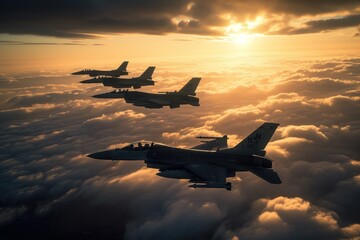 Four fighter jets flying at sunset in sky