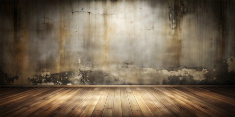 A grunge vintage room with wooden floor and textured concrete walls
