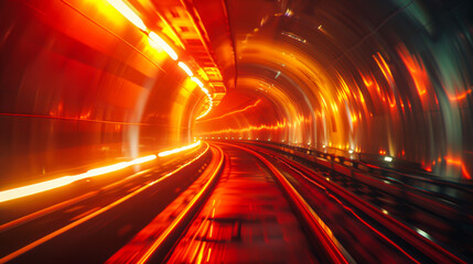 A bright orange and black tunnel with a lot of light and sparks. The tunnel is very long and seems to be a part of a futuristic city