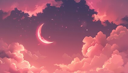 Dreamy Night Sky with Pink Clouds and Crescent Moon