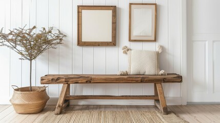Wooden Bench in Front of White Wall