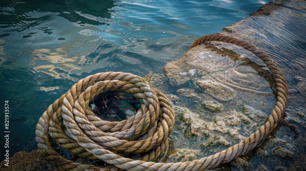 Poster A rope is tethered to a rock by the fluid landscape of water, swaying with each wind wave. The electric blue waves create a mesmerizing art event AIG50