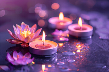 three candles with little lotus flowers on a purple background 