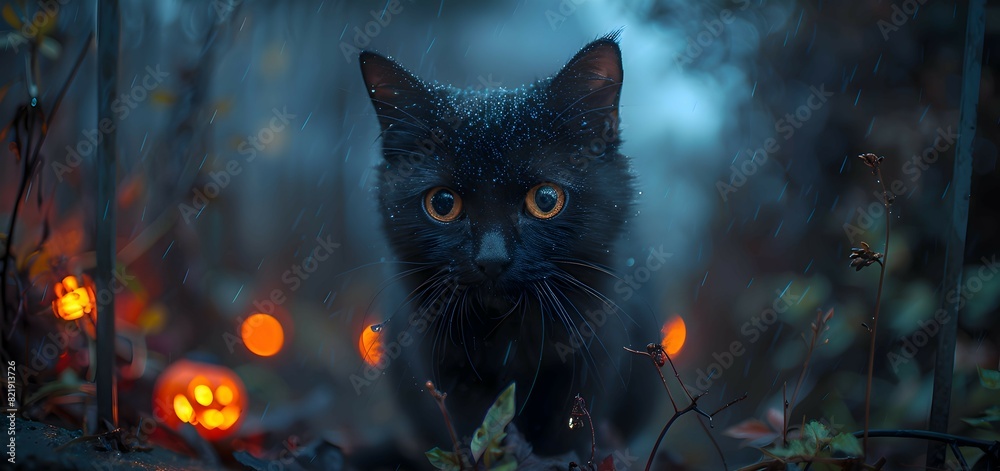 Wall mural a black cat with glowing eyes sitting on a fence on halloween night, surrounded by fog and spooky de - Wall murals