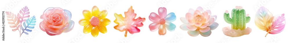 Sticker 3d flowers and plants png element set on transparent background