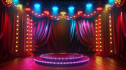 A 3D podium under carnival lights on a circus stage, red show curtain in the background. 