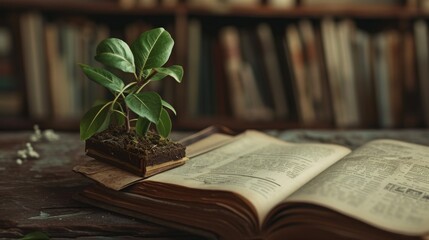A symbolic still life image of a small plant growing from an open book on a wooden table, representing growth through knowledge.