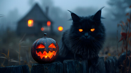 A black cat with glowing eyes sitting on a fence on Halloween night, surrounded by fog and spooky decorations