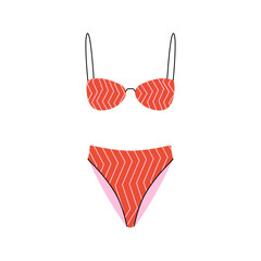 Stylish woman swimsuit. Fashionable female swimwear with geometric pattern, colorful flat bikini top and thongs bottom. Vector illustration