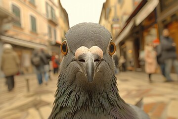 Portrait of a funny pigeon. Pigeon sitting and looking directly at the camera