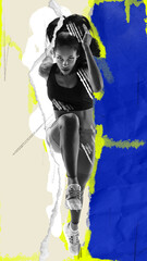 Competitive and concentrated woman, runner in motion, competing at marathon. Abstract background....