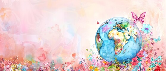 Whimsical Floral World Globe Backdrop with Butterfly Dance and Pink Ribbon