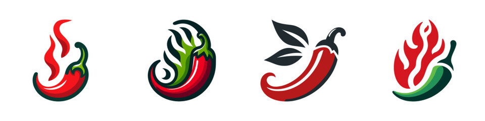 Vibrant vector illustration of four chili pepper icons with flames and leaves.