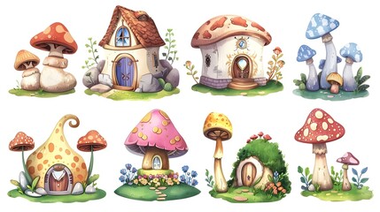 Whimsical Watercolor Mushroom Huts and Flower Covered Abodes in Enchanting Fantasy Landscape