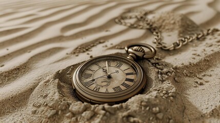 Broken pocket watch buried in sand, timeless moment, sepia and bronze tones, digital art - Powered by Adobe