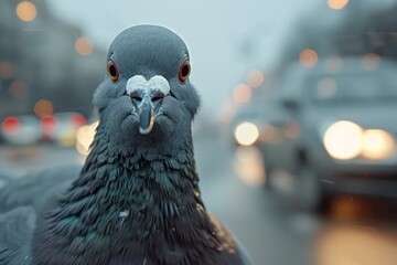 Portrait of a funny pigeon. Pigeon sitting and looking directly at the camera