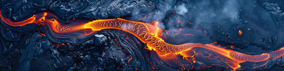 Volcanic eruption process. Macro texture of volcano with exploding and flowing lava and magma. Hot volcanic magma eruption and exploding with smoke infernal. Natural disaster concept
