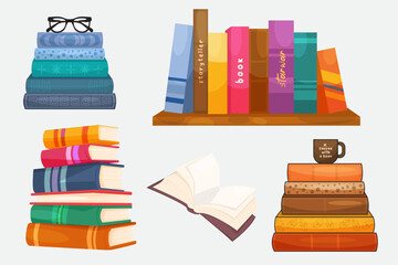 books set vector illustration, Various books set, books standing vertical standard, every set is isolated. 