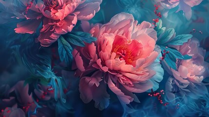 Illustration of peonies bloom with fantasy colors. Generative AI