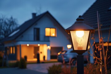 Exterior Light. Glowing Street Light in Front of Modern German Suburban House at Dusk