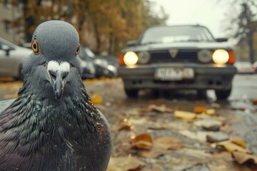 Portrait of a funny pigeon. Pigeon sitting and looking directly at the camera