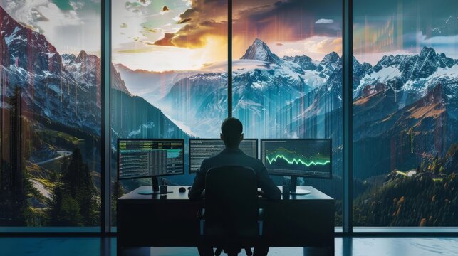 Consultant analyzing data in a mountaintop retreat, panoramic views, dramatic digital landscape