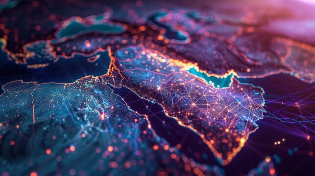 This abstract map of Saudi Arabia and the MENA region encapsulates the essence of global network and connectivity. It signifies the roles of data transfer, cyber technology