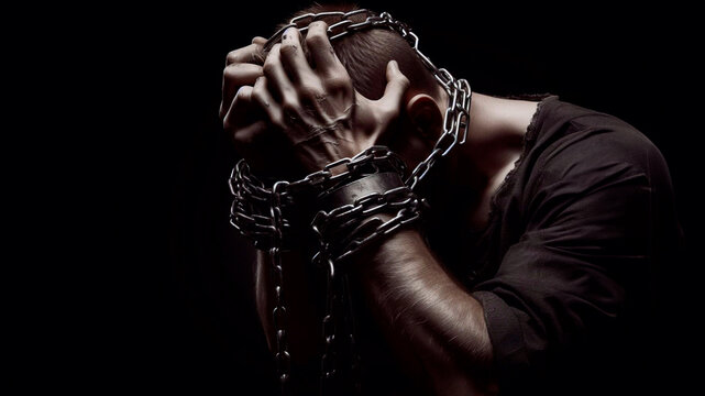 Prisoner chained in a chain clinging to his head against a black background	