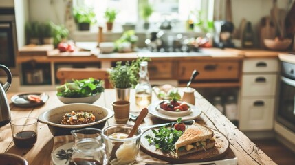 A homemade lunch spread on a rustic wooden table, including a freshly made sandwich, a bowl of soup, and a slice of apple pie, all set against a backdrop of a cozy kitchen