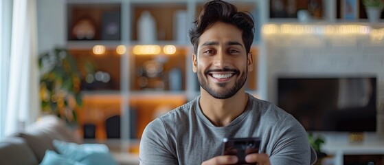 Cheerful man enjoying a video call at home, smiling and using his smartphone. Bright living room with cozy decoration in the background.