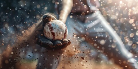 A baseball player hold a baseball bat and hit a baseball