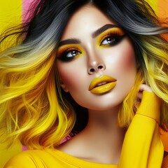 A beautiful woman with yellow makeup and yellow and black hair, on the background of bright colors, in the style of fashion photography and advertising photo with professional studio lighting,