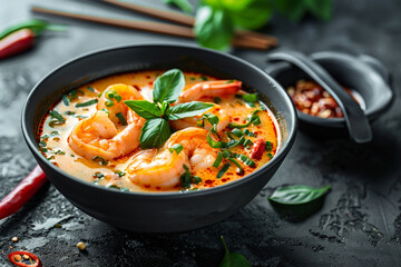 tom yum kung Spicy Thai soup with shrimp in a black bowl on a dark stone background 
