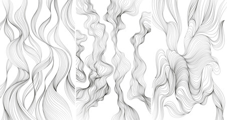 Hand drawn abstract illustration with wavy lines and curves collection. Isolated smoke on white background set.
