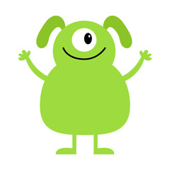 Happy Halloween. Monster standing. Green silhouette icon. One eye, ears legs, hands. Cute cartoon kawaii funny baby character. Childish style. Flat design. Isolated. White background. Vector