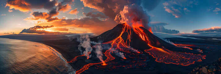 Volcanic eruption process. Landscape of volcano with exploding and flowing lava and magma. Hot volcanic magma eruption and exploding with smoke infernal. Natural disaster concept