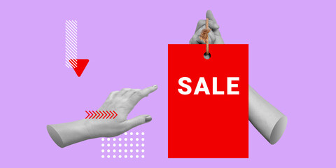 Sale, discount concept. Hand points in direction of hand with holding sale banner. Minimalist art collage