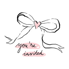 Coquette pretty charming pink heart bow vector Illustration, cute doodle hair decor, boho flat girl accessories. Ribbon isolated hand-drawn art. Trendy girly fancy concept. Holiday party invitation