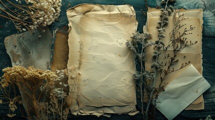 Top view dried plants and old sheets of paper with vintage style copy space background. AI generated
